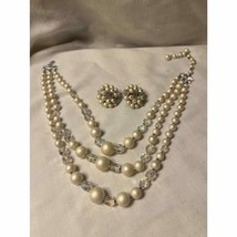 1960&#39;s MOD White AB Bead 3 Row Necklace and Earrings Japan - £16.70 GBP