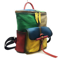 Long-Term Retro Color Leather Backpack Wind Color Cowhide Backpack Bucke... - £71.32 GBP