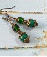 Victorian Malachite bronze earrings bohemian green earrings Boho green M... - $47.88 CAD