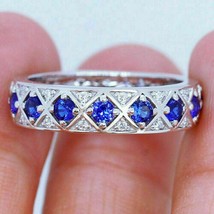 14k White Gold Plated 3Ct Round Cut Blue Tanzanite Eternity Band Engagement Ring - £64.47 GBP