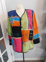 INDIGO MOON Art to Wear V-Neck Colorblock Embroidered Jacket LG BOHO EUC - £32.01 GBP