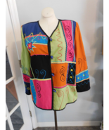 INDIGO MOON Art to Wear V-Neck Colorblock Embroidered Jacket LG BOHO EUC - £31.83 GBP