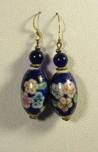 Earrings Pierced 2.25&quot; VINTAGE Porcelain Cobalt Blue Flowers 8mm Top Beads - £8.57 GBP