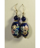 Earrings Pierced 2.25&quot; VINTAGE Porcelain Cobalt Blue Flowers 8mm Top Beads - £8.43 GBP