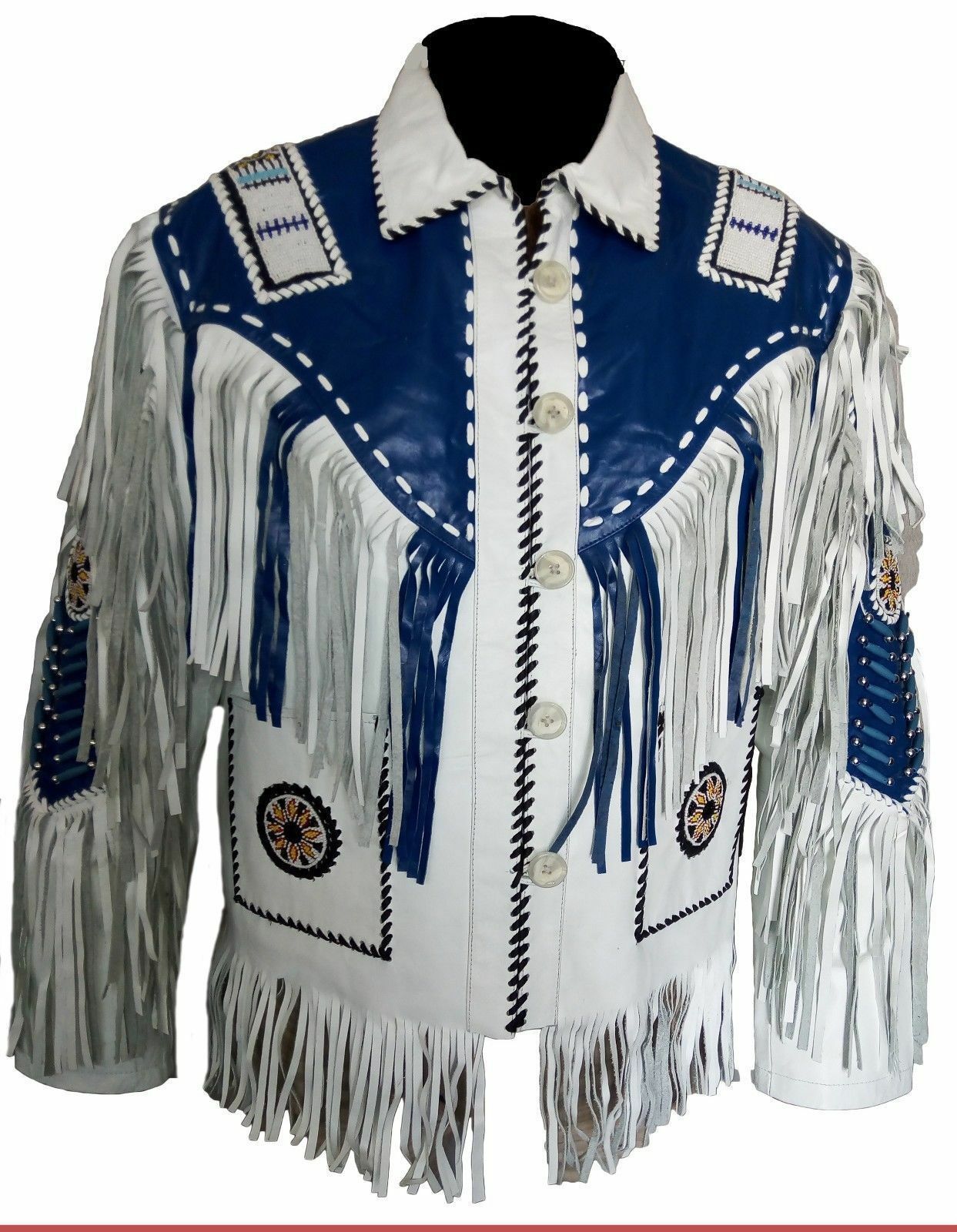 Men's Two Tone Blue White Cont Bone Beads Patches Fringed Genuine Leather Jacket