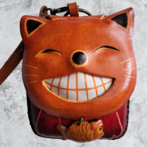Happy Cat Leather With Fish Wristlet Wallet Change Coin Purse Zip Closure Charm - £13.65 GBP
