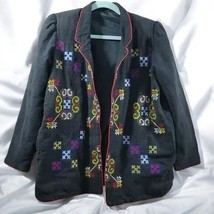 VTG Embroidered Blazer Woman Black Linen Size MED? Lined Tribal Folk Nee... - £25.05 GBP