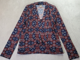 Anne Klein Blouse Top Womens XL Red Blue Geo Print Polyester V Neck Wrap Front - $23.90