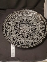 Large Black Turkish Glass Reverse Painting Giltter Silver Bowl 15&quot; Medallion - £27.95 GBP
