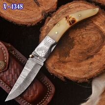 Handmade Damascus Folding Hunting Skinner Blade Pocket Knife Skinning Ta... - $31.67