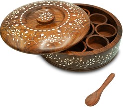 METIZIMASICAL Wooden Masala Box with Spoon, Round Spice Box for Kitchen with Lid - £67.47 GBP