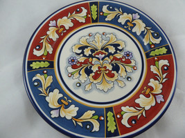 Pier 1 Della Ceramiche 8 3/4&quot; Salad Plate Brick red &amp; Navy Blue Leaves - £8.69 GBP