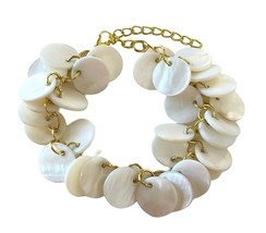Freshwater Pearl Shell Round Charm Gold Adjustable 7 + Inch Chain Bracelet - £7.50 GBP