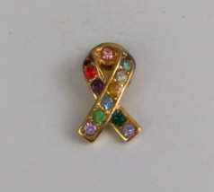 Rainbow Jeweled Gold Tone Awareness Ribbon Lapel Hat Pin - $7.28