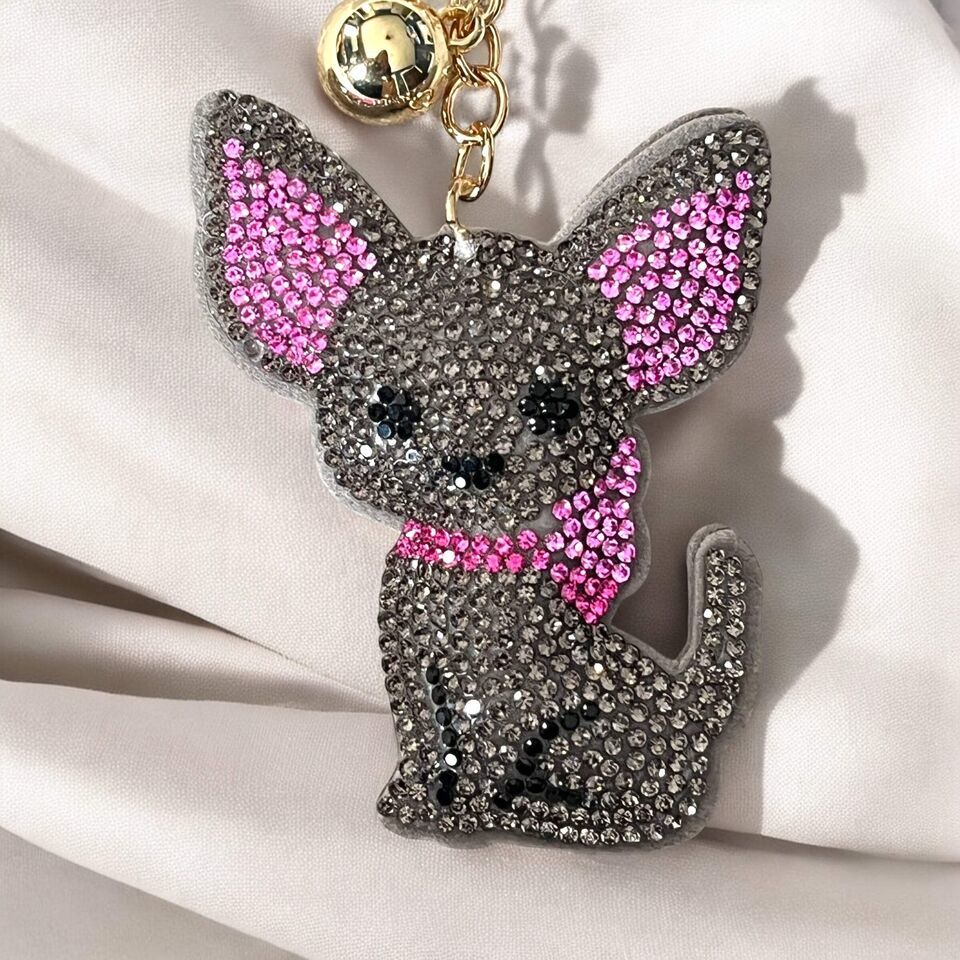 Cute Cartoon Chihuahua Keychain Rhinestone Key Chain. Choose Tan,Silver, Gray or