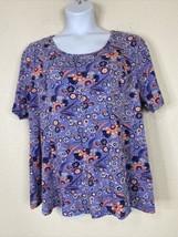Denim &amp; Co Womens Size 2XP Purple Floral Stretch Knit Scoop Top Short Sleeve - £11.01 GBP