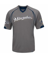 Milwaukee Brewers Men&#39;s Shirt Lead Hitter MAjestic Raglan Top Dark Grey ... - $466.88 MXN