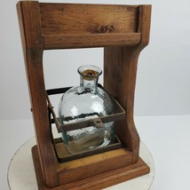 Vintage RARE Liquor Decanter in Wood Stand w/ Metal Holder 13x9x6&quot; Bar Man Cave - £42.19 GBP