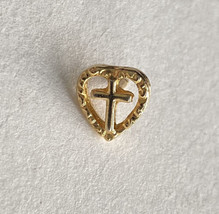 Cross Inside A Heart Lapel Hat Lanyard Pin Gold Tone Small - £10.18 GBP