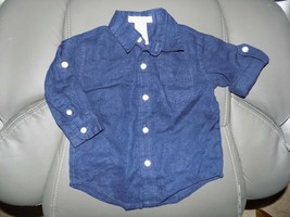 Janie And Jack Linen Blue Long ROLL-UP Sleeve Shirt Size 3/6 Months Boy&#39;s Nwot - £16.19 GBP