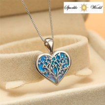 Silver Blue Classic Women Pendant Tree of Life Opal Heart Pendant Necklace - £11.85 GBP