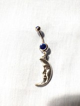 Lunar Crescent Man In The Moon Pewter Charm 14g Cobalt Blue Cz Belly Ring - £5.61 GBP