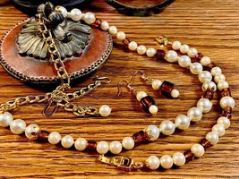 &quot;Reinvented Vintage&quot; Hand Knotted Pearl and Amber Type Necklace Set - £31.47 GBP