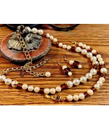 &quot;Reinvented Vintage&quot; Hand Knotted Pearl and Amber Type Necklace Set - £31.60 GBP