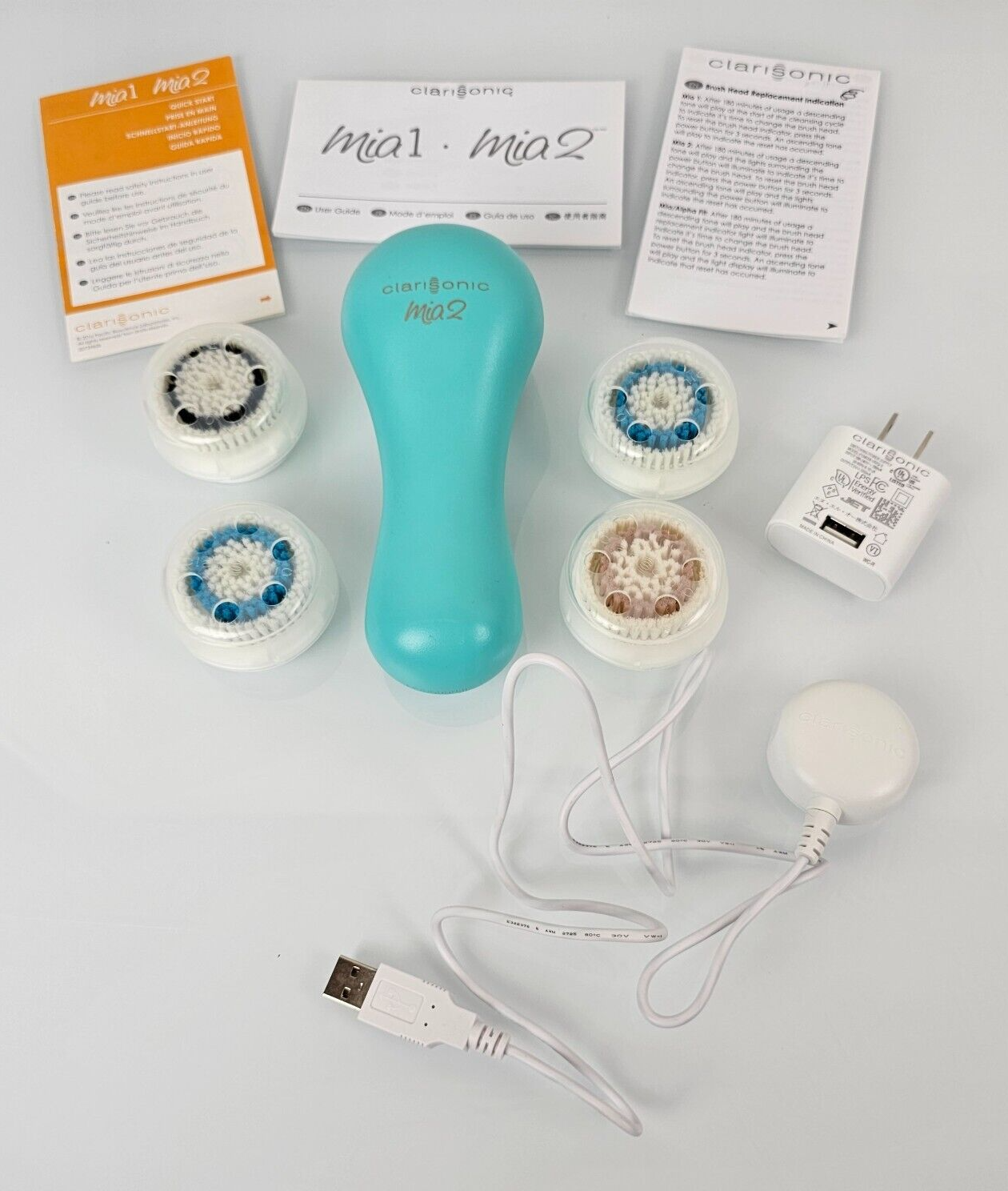 Clarisonic Mia 2 Facial Sonic Cleanser TURQ w/ 4 Brush Heads Adapter Charger - £46.73 GBP
