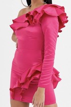 Flounce London Women&#39;s Mini Cocktail Dress One Shoulder Ruffle Hot Pink Size 4 - £46.92 GBP