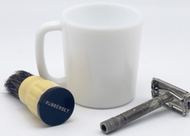 Vintage Gillette Safety Razor Shaving Set Milk Glass Mug Rubberset Brush USA Lot - £16.52 GBP