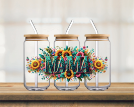 Sunflowers MAMA &amp; Butterflies UV DTF 16oz Glass Can - $75.62 MXN