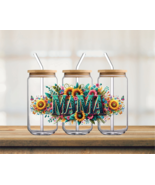 Sunflowers MAMA &amp; Butterflies UV DTF 16oz Glass Can - $5.45 CAD