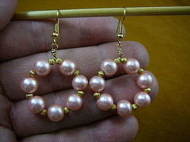 (EE-802-22) Med Pink 8 mm beaded pealized glass hoop dangle circle gold earrings - £25.87 GBP