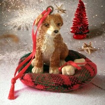 Fortunoff Puppy Mutt Dog Christmas Ornament Rescue On Bed Resin Tree Plaid Bone  - £11.81 GBP