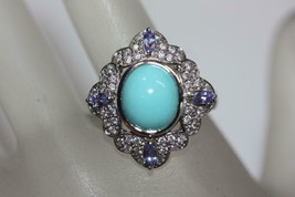 Fine 14K White Gold Turquoise Cabochon Tanzanite Diamond Accent Ring Size 8 - £556.55 GBP