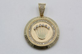 Fine 14K Yellow Gold Royal Crown Fluted Medallion Round Diamond Pendant 11 Grams - £820.41 GBP