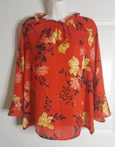 Old Navy Long Bell Sleeve Ruffle Neckline Boho Floral Tunic Top Blouse Size Sm - £11.26 GBP