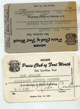 2 Press Club of Fort Woth Texas membership Cards 1967 1968 Tom Whalen - $17.82