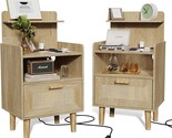 Nightstand With Charging Station, Small Bedside Table, Rattan Nightstand... - $264.99