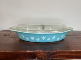Vintage Pyrex Casserole Dish Turquoise Blue Snowflake 1.5 Quart Divided Lid Cook - £23.34 GBP