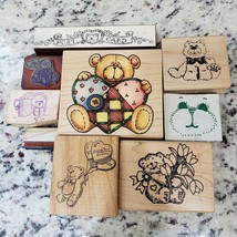 Vintage Bear Wood Back Rubber Stamp Lot Heart Flowers Balloons Post Card - £8.76 GBP