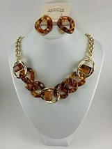 Beautiful Stunning Chunky brown and gold Necklace Set with Pierced Earrings - £15.12 GBP