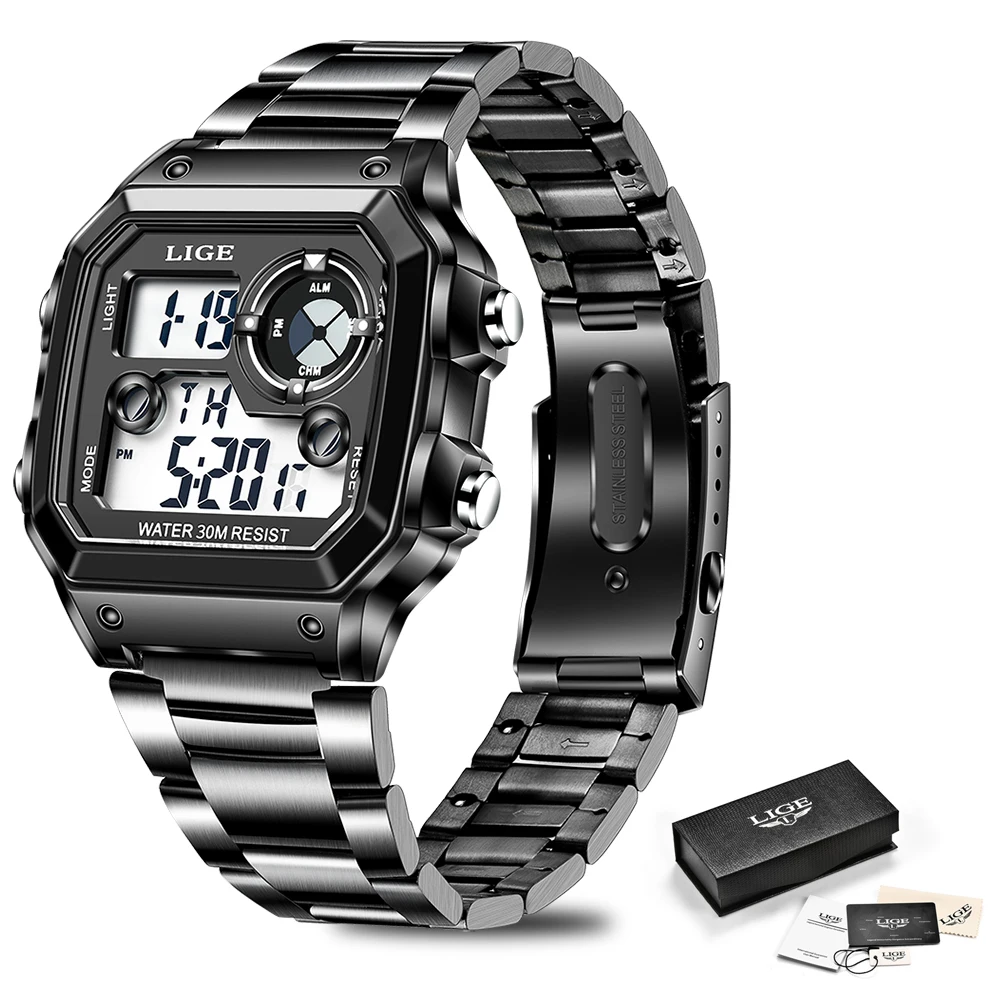 LIGE 2024 NEW   Men Watch  Digital  Wristwatch Mens Steel Strap Waterproof Clock - £80.24 GBP