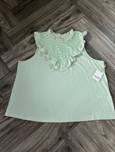 a.n.a SZ 1X Green Sleeveless Blouse Top Ruffle Eyelet Keyhole Backside Cotton - £16.76 GBP