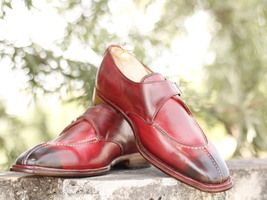 Handmade Men&#39;s Burgundy  Split Toe Leather Monk Strap Shoes, Men Designer Shoes - £115.87 GBP