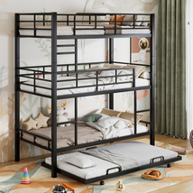 Metal Twin Size Triple Bunk Bed With Trundle, Black  - £431.36 GBP
