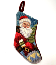 Santa Claus Needlepoint Small Christmas Stocking Miniature red velvet back 5&quot; - £7.83 GBP