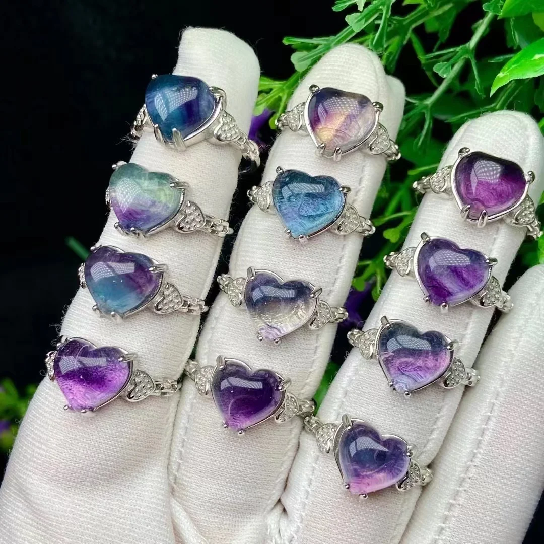 10PCS Natural Stone Colored Fluorite Heart Ring For Women Fashion Healing Gemsto - £71.18 GBP