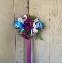 Purple Daisy Cemetery Cross, Blue Ribbon Memorial Decoration - $26.00